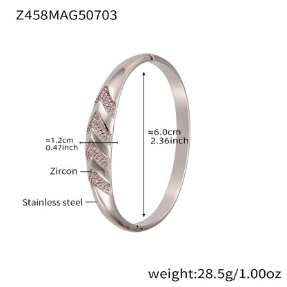 Silver stainless steel bracelet (Z458MAG50703), 1.2cm pink zircon herringbone detail, inner diameter 6cm, weight 28.5g