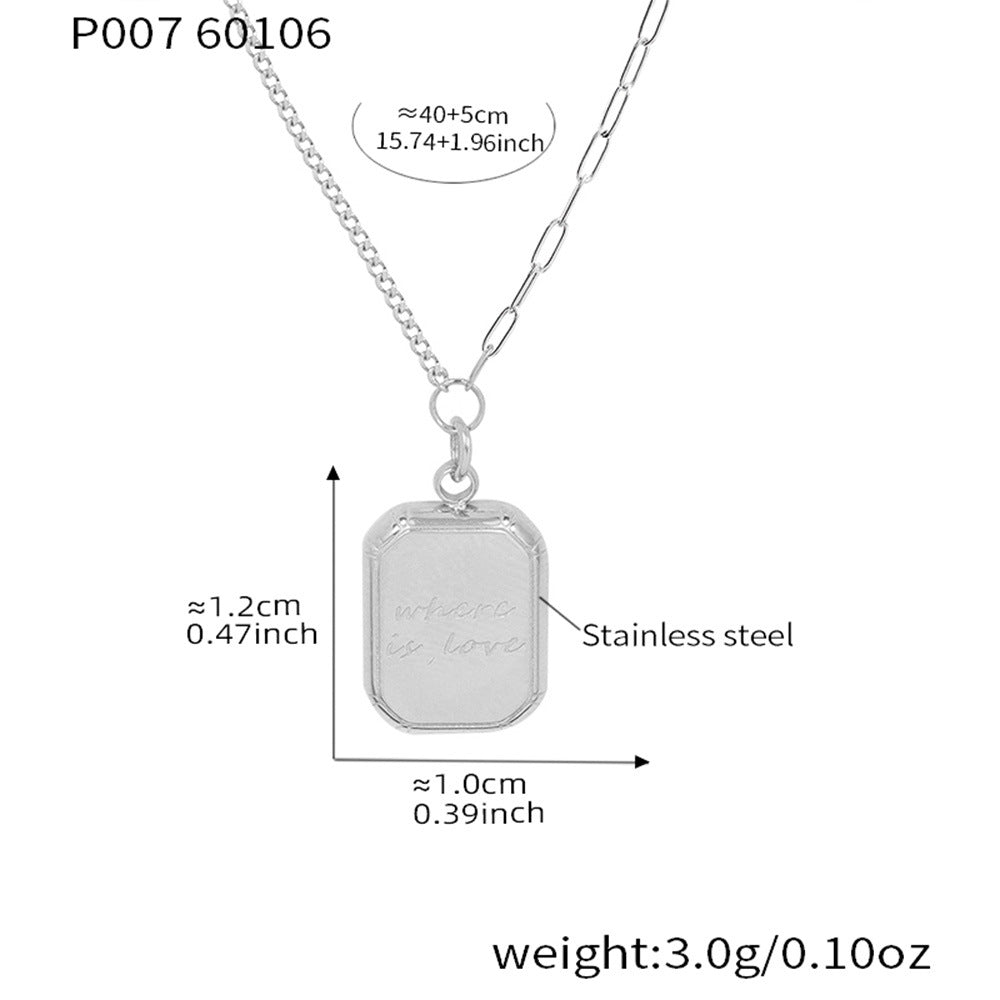 Silver tone 316L stainless steel necklace with "where is love" tag pendant, detailed size chart showing dimensions, length and weight specifications