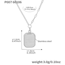 Silver tone 316L stainless steel necklace with "where is love" tag pendant, detailed size chart showing dimensions, length and weight specifications