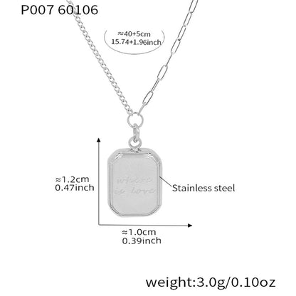 Silver tone 316L stainless steel necklace with "where is love" tag pendant, detailed size chart showing dimensions, length and weight specifications