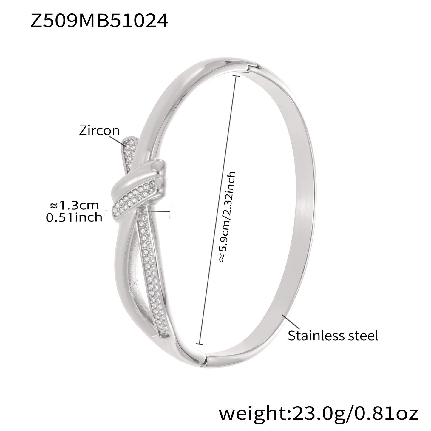 Silver stainless steel bangle (Z509MB51024), zircon knot clasp, 1.3cm detail, inner diameter 5.9cm, weight 23g