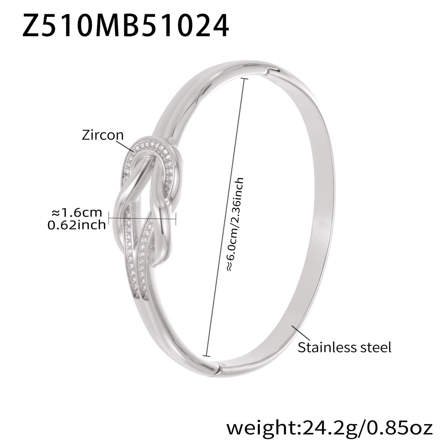 Silver stainless steel bangle (Z510MB51024), zircon knot clasp, 1.6cm detail, inner diameter 6cm, weight 24.2g