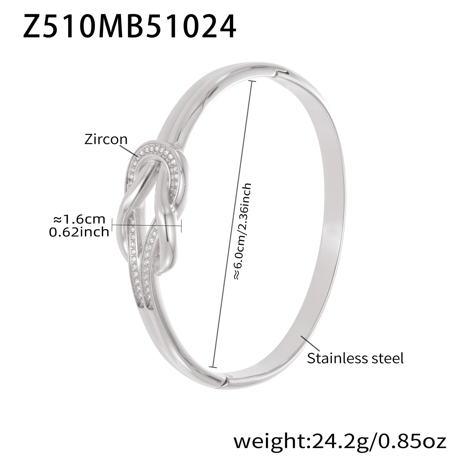 Silver stainless steel bangle (Z510MB51024), zircon knot clasp, 1.6cm detail, inner diameter 6cm, weight 24.2g