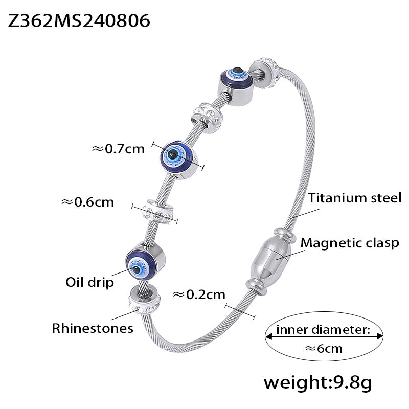 Silver titanium steel evil eye enamel bracelet, 0.7cm evil eye, rhinestones, magnetic clasp, inner diameter 6cm, weight 9.8g