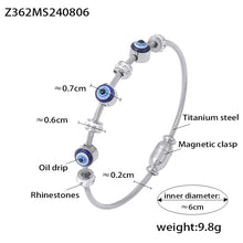 Silver titanium steel evil eye enamel bracelet, 0.7cm evil eye, rhinestones, magnetic clasp, inner diameter 6cm, weight 9.8g