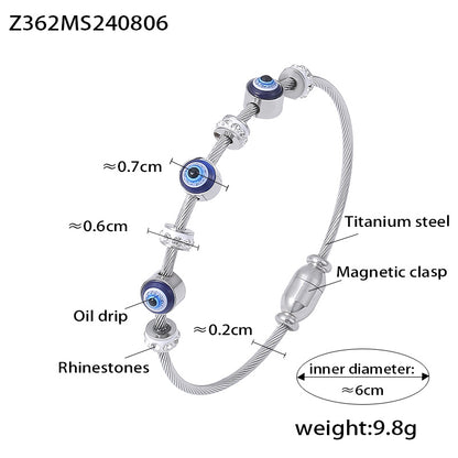 Silver titanium steel evil eye enamel bracelet, 0.7cm evil eye, rhinestones, magnetic clasp, inner diameter 6cm, weight 9.8g