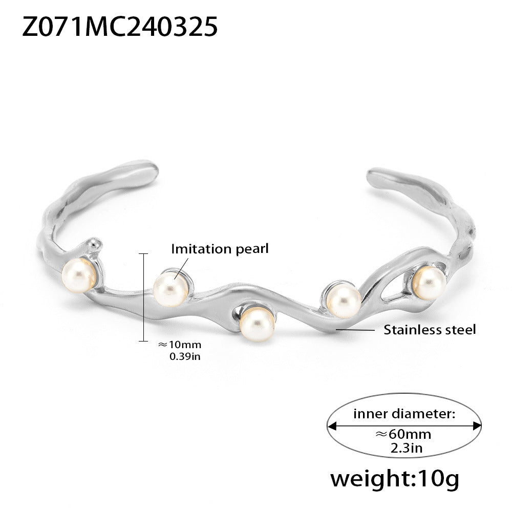 Silver titanium steel C-shaped open bangle with 10mm faux pearls, inner diameter 60mm, weight 10g