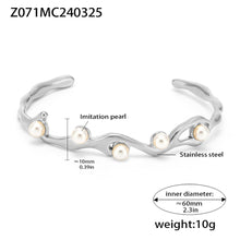 Silver titanium steel C-shaped open bangle with 10mm faux pearls, inner diameter 60mm, weight 10g