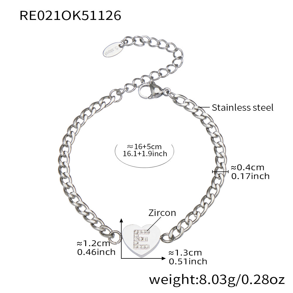 RE021 silver-tone stainless steel curb chain bracelet with zircon initial E heart charm, 16+5 cm