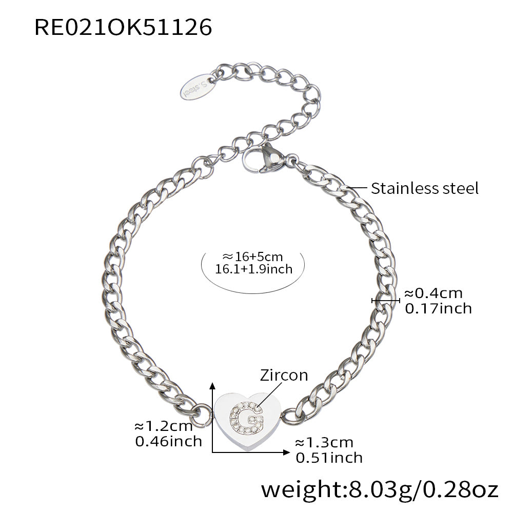RE021 silver-tone stainless steel curb chain bracelet with zircon initial G heart charm, 16+5 cm