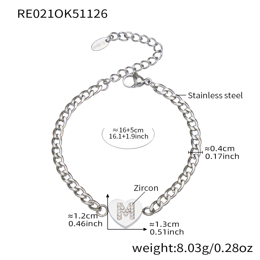RE021 silver-tone stainless steel curb chain bracelet with zircon initial L heart charm, 16+5 cm