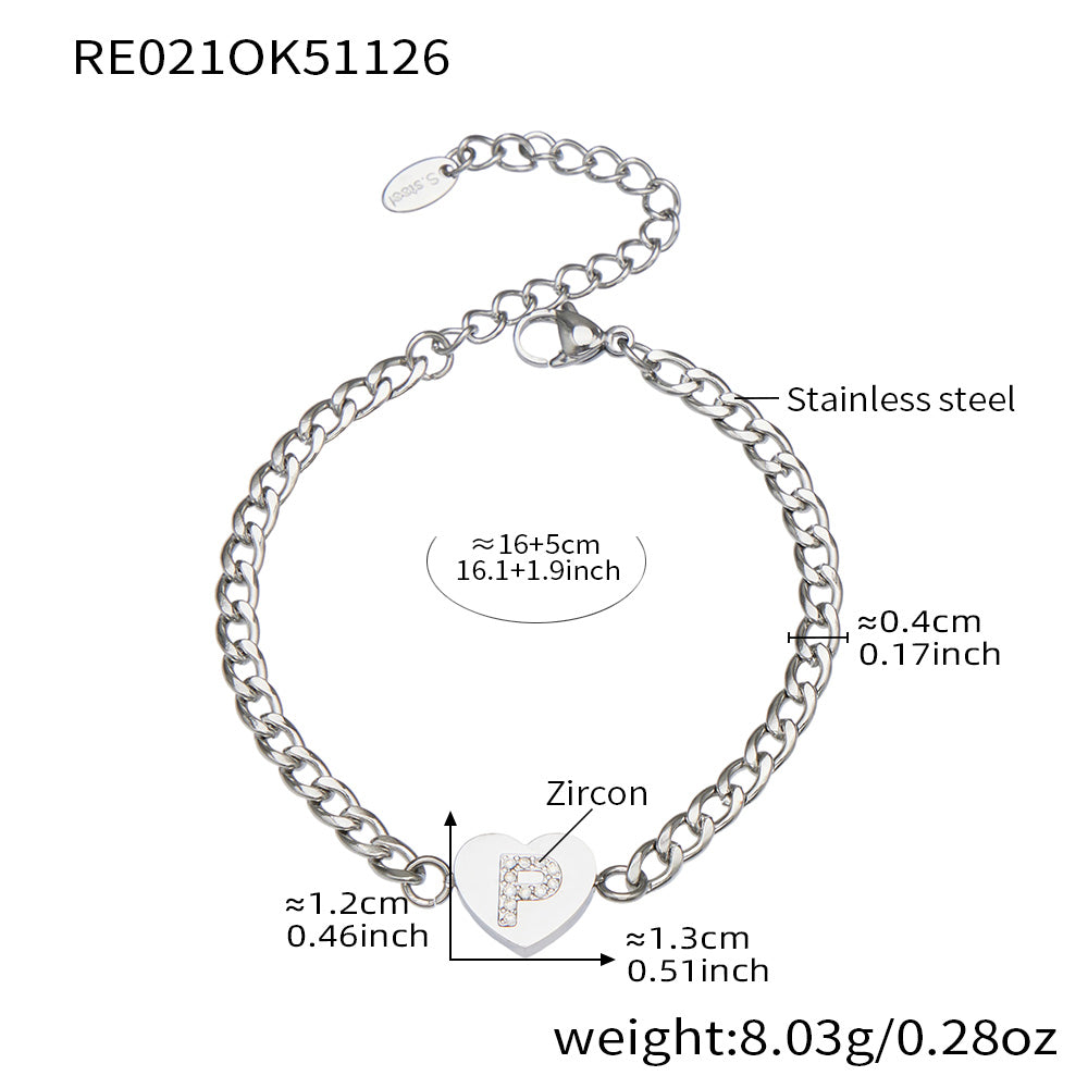 RE021 silver-tone stainless steel curb chain bracelet with zircon initial T heart charm, 16+5 cm