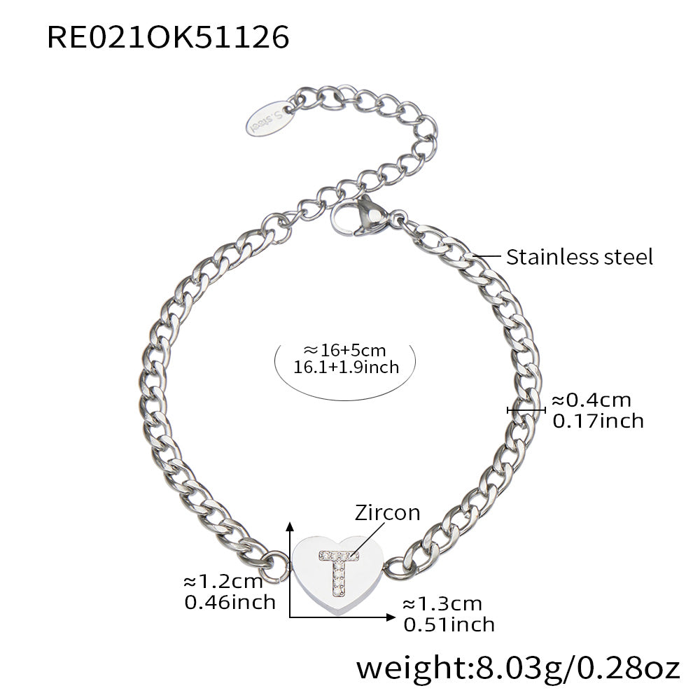 RE021 silver-tone stainless steel curb chain bracelet with zircon initial S heart charm, 16+5 cm