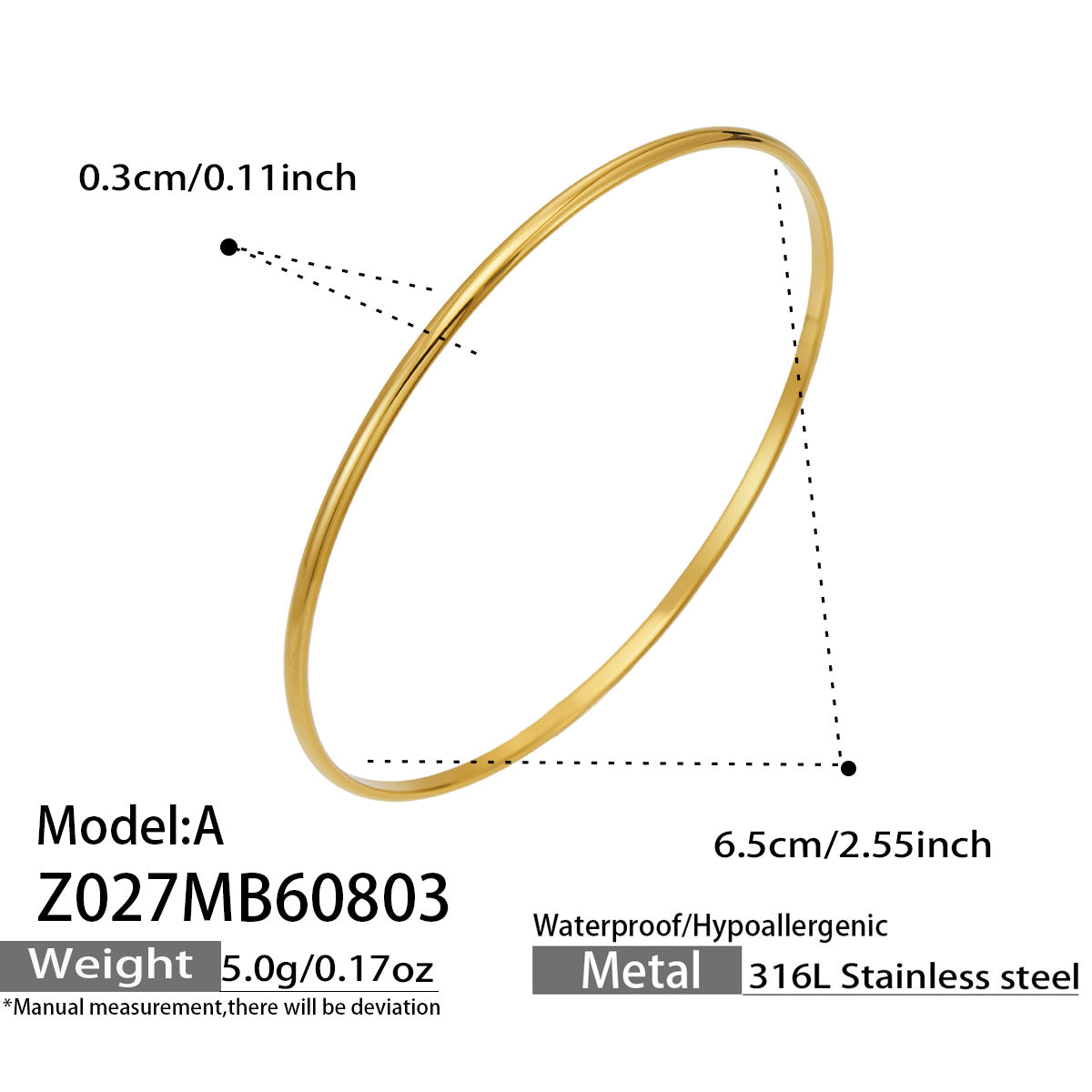 Smooth gold-tone slim stackable bangle size and product detail guide