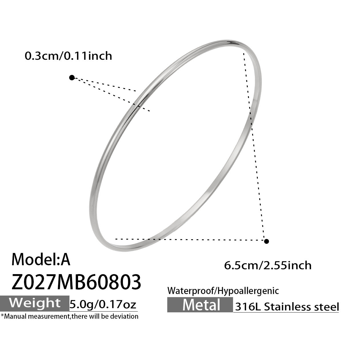 Smooth polished steel slim stackable bangle size and product detail guide