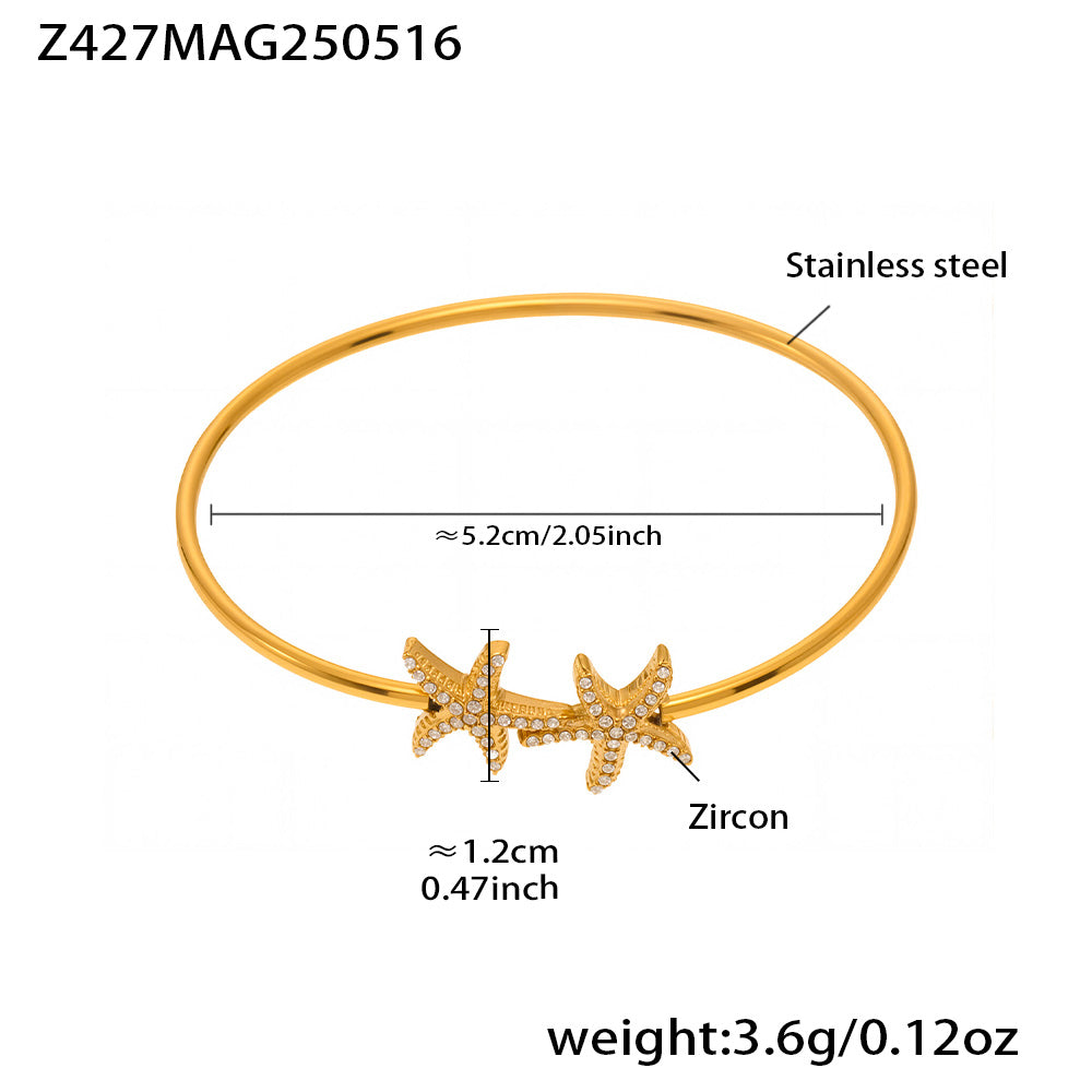 18K gold plated bangle (Z427MAG250516), sparkling zircon starfish design, inner diameter 5.2cm, weight 3.6g