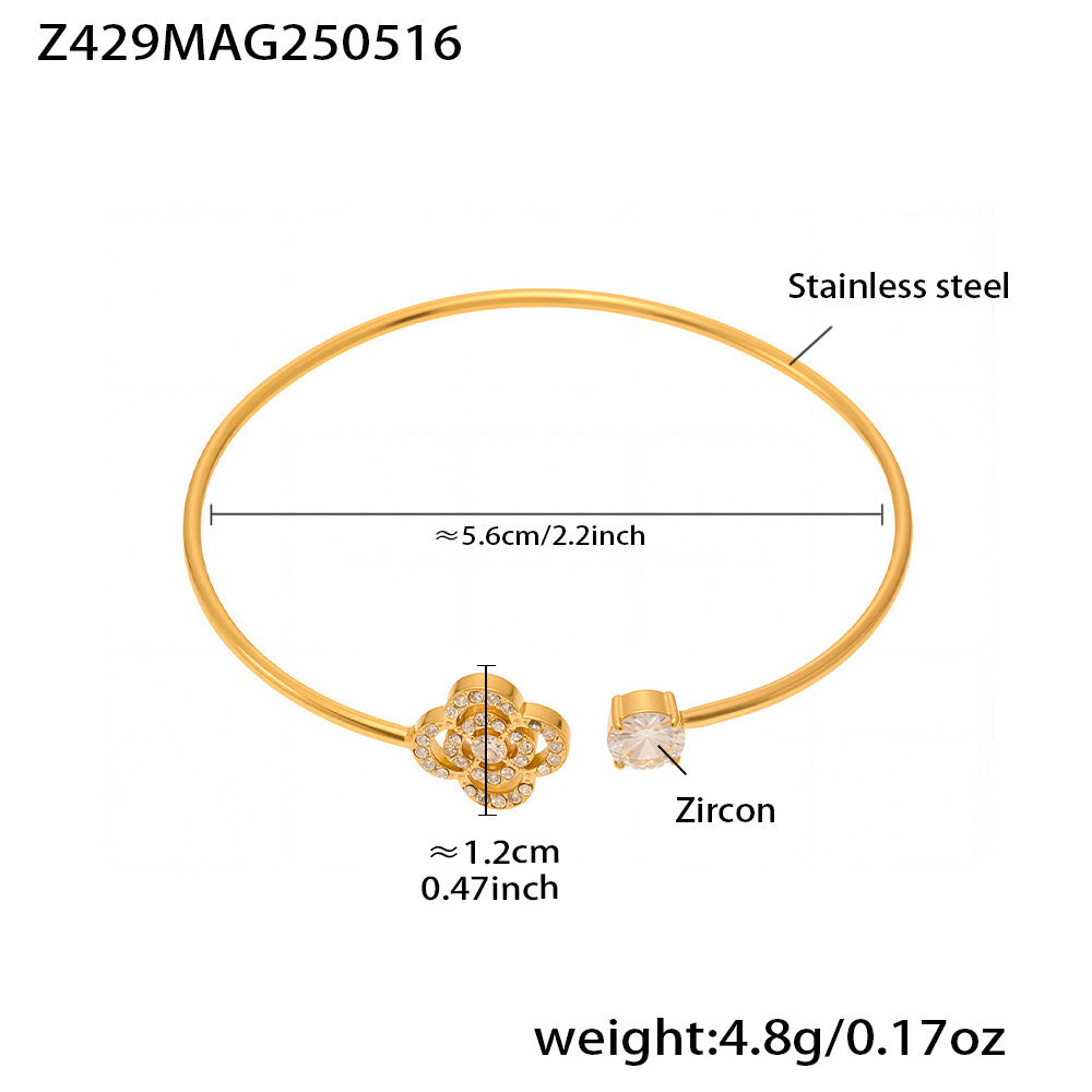18K gold plated bangle (Z429MAG250516), sparkling zircon floral core design, inner diameter 5.6cm, weight 4.8g