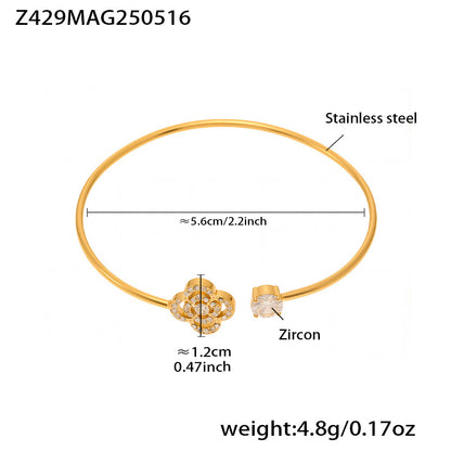 18K gold plated bangle (Z429MAG250516), sparkling zircon floral core design, inner diameter 5.6cm, weight 4.8g
