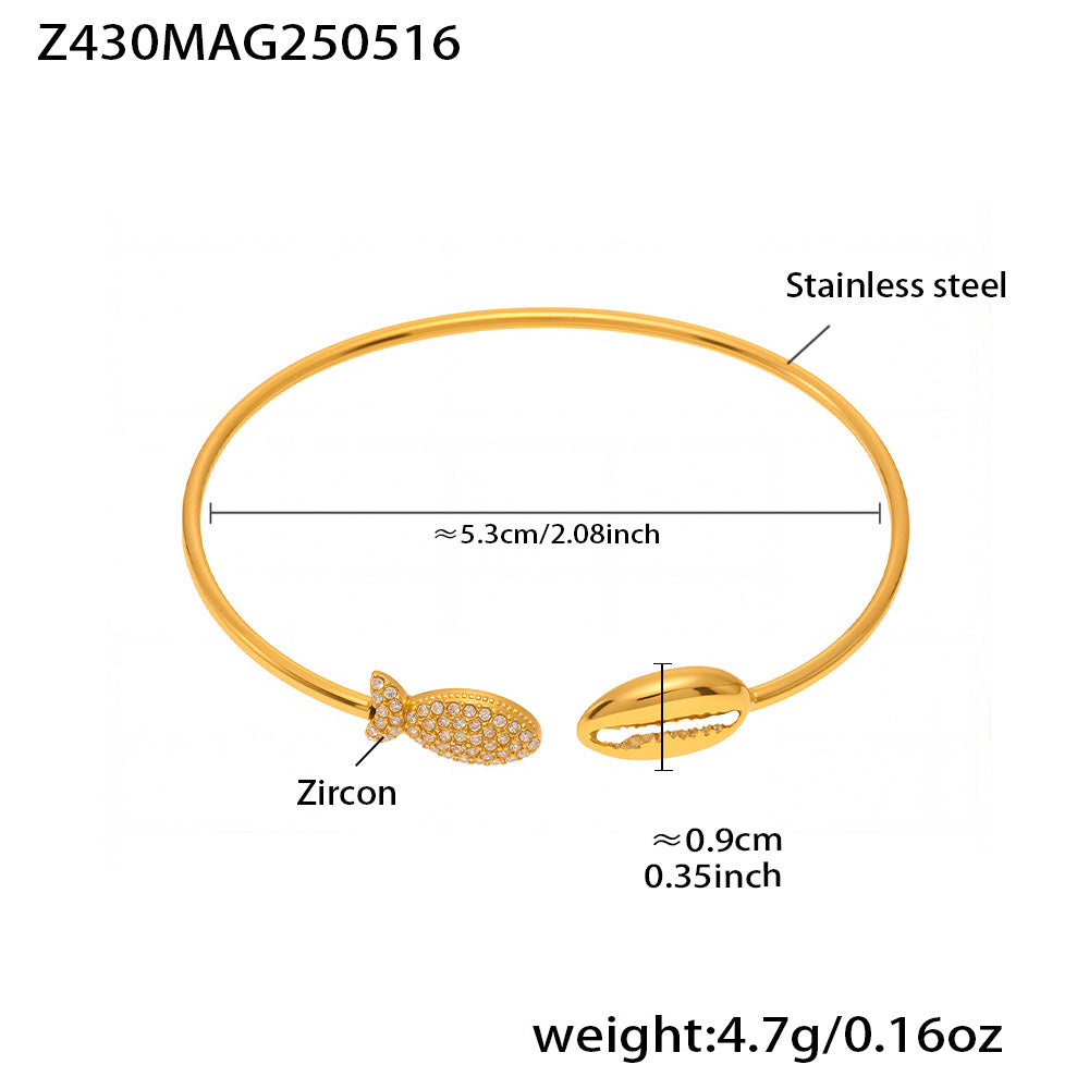 18K gold plated bangle (Z430MAG250516), sparkling zircon fish shell design, inner diameter 5.3cm, weight 4.7g
