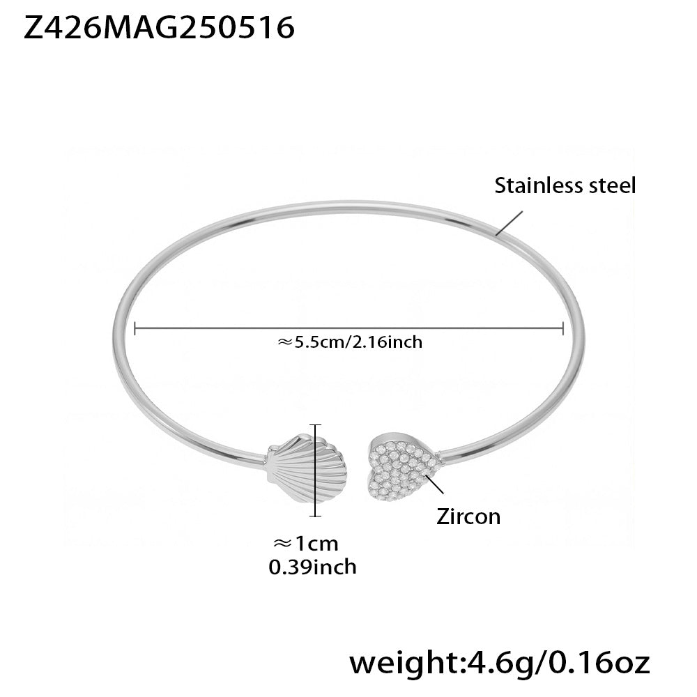 Silver stainless steel bangle (Z426MAG250516), sparkling zircon shell design, inner diameter 5.5cm, weight 4.6g