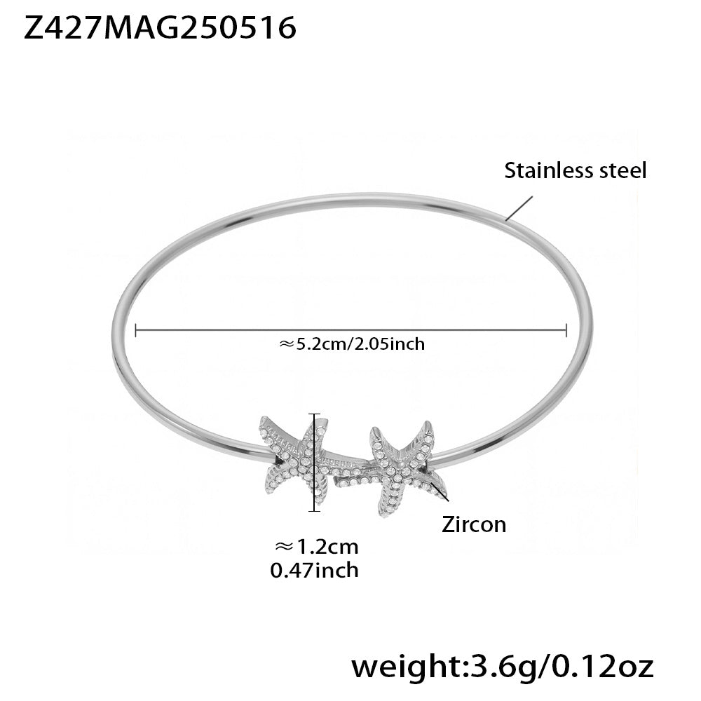 Silver stainless steel bangle (Z427MAG250516), sparkling zircon starfish design, inner diameter 5.2cm, weight 3.6g