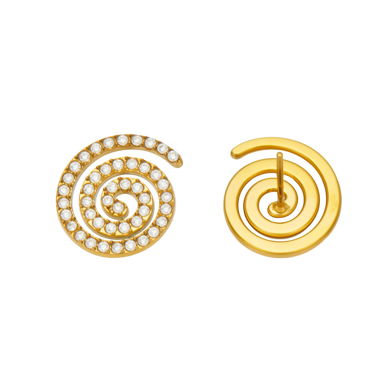 Gold spiral pavé cubic zirconia stud earrings in 316L stainless steel