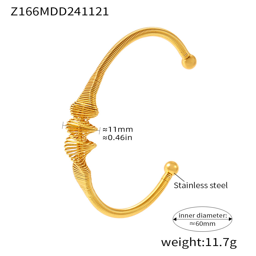 gold stainless steel ruched spiral bangle (Z166MDD241121), inner diameter 60mm, weight 11.7g