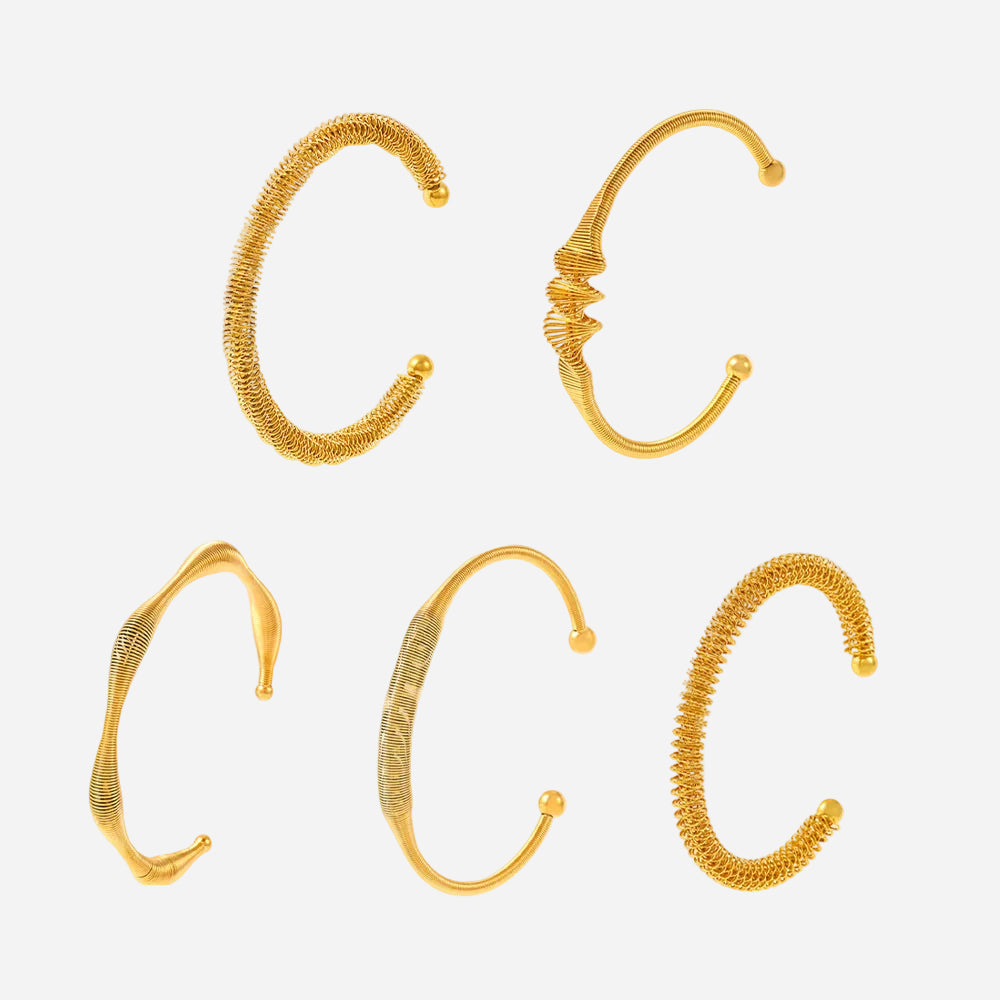 gold & stainless steel spiral texture bangle set, white background display