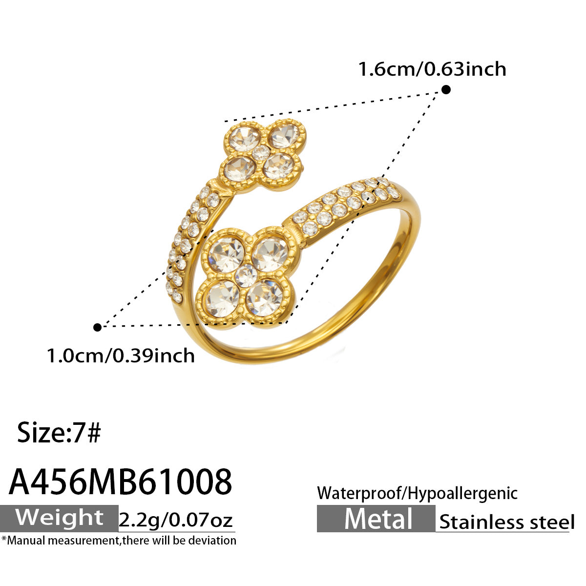 A456 gold-tone double-flower open ring diagram showing size 7, decorative measurements and approximate weight 2.2 g