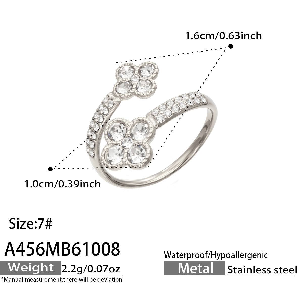 A456 steel-tone double-flower open ring diagram showing size 7, decorative measurements and approximate weight 2.2 g