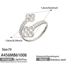 A456 steel-tone double-flower open ring diagram showing size 7, decorative measurements and approximate weight 2.2 g