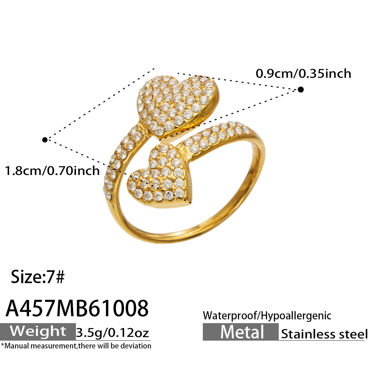 A457 gold-tone pave-heart open ring diagram showing size 7, decorative measurements and approximate weight 3.5 g