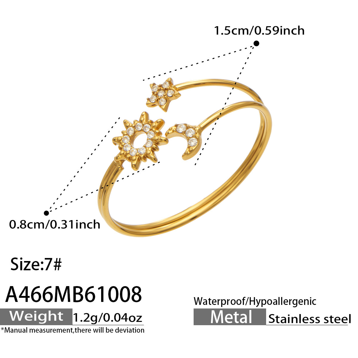 A466 gold-tone celestial ring specification diagram showing size 7, decorative measurements and approximate weight 1.2 g