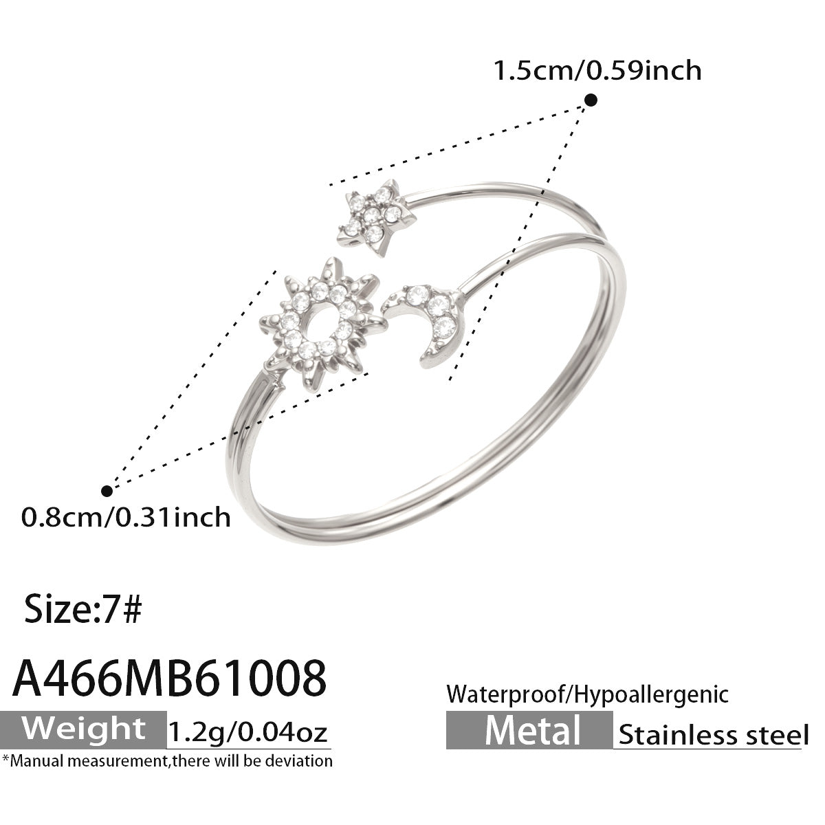 A466 steel-tone celestial ring specification diagram showing size 7, decorative measurements and approximate weight 1.2 g