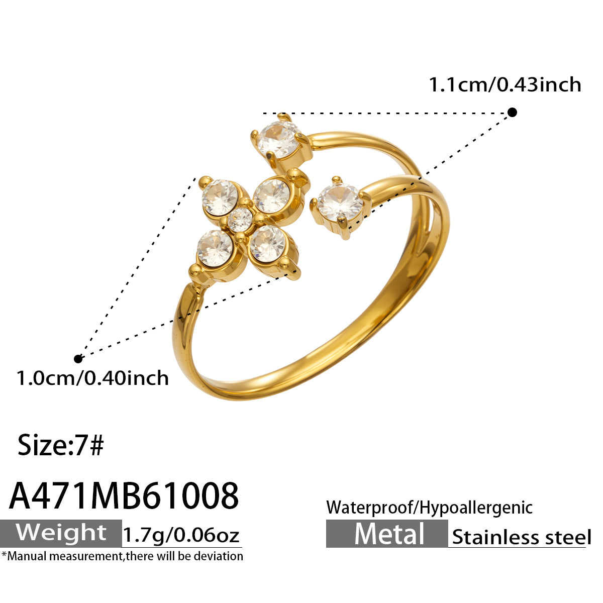 A471 gold-tone flower ring specification diagram showing size 7, decorative measurements and approximate weight 1.7 g
