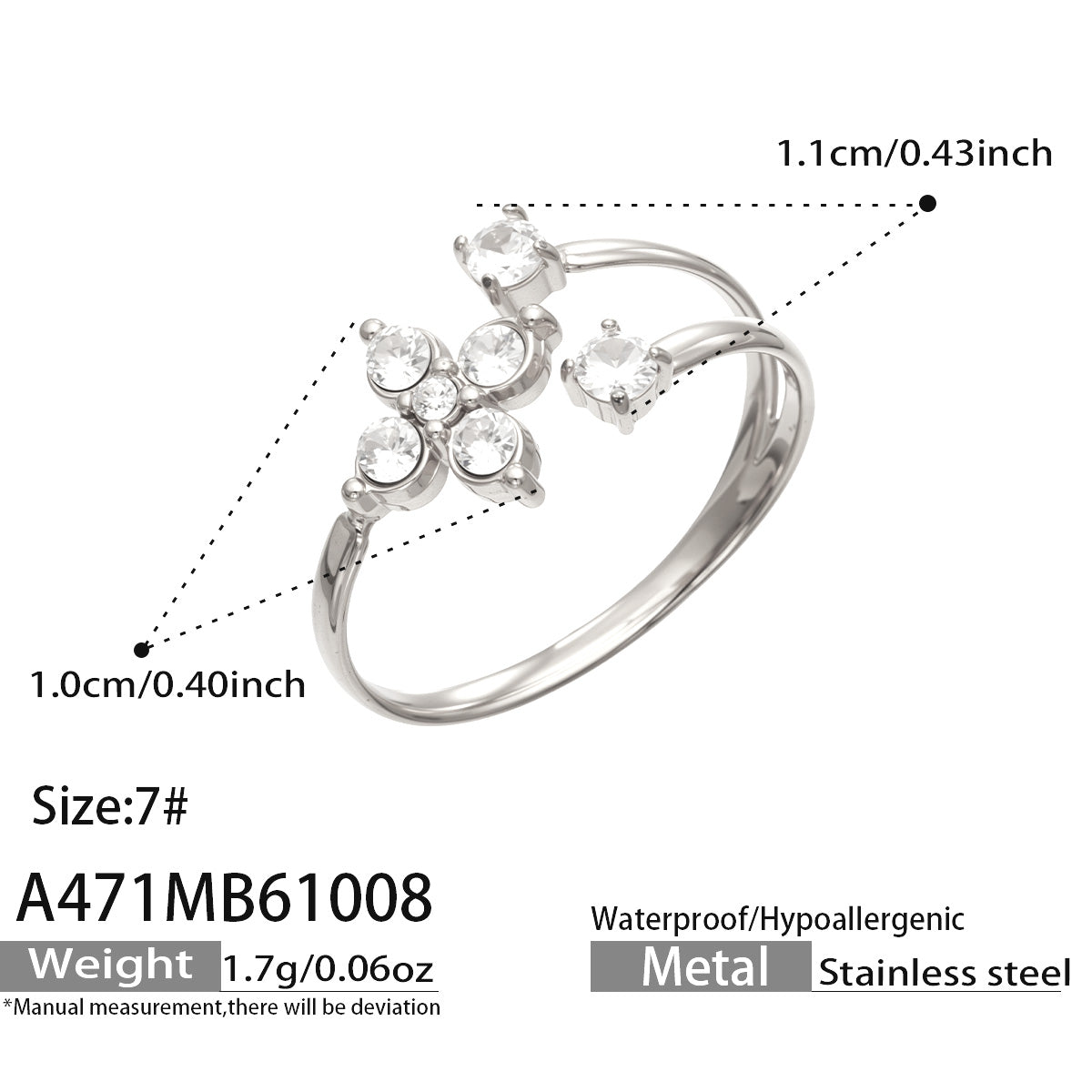 A471 steel-tone flower ring specification diagram showing size 7, decorative measurements and approximate weight 1.7 g