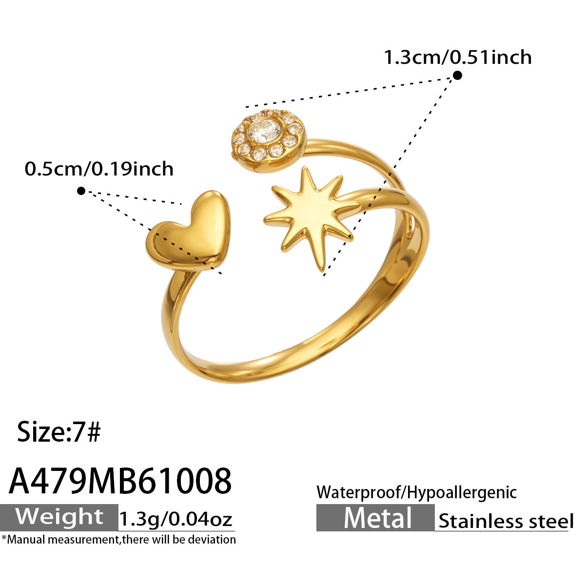 A479 gold-tone heart and star ring specification diagram showing size 7, decorative measurements and approximate weight 1.3 g