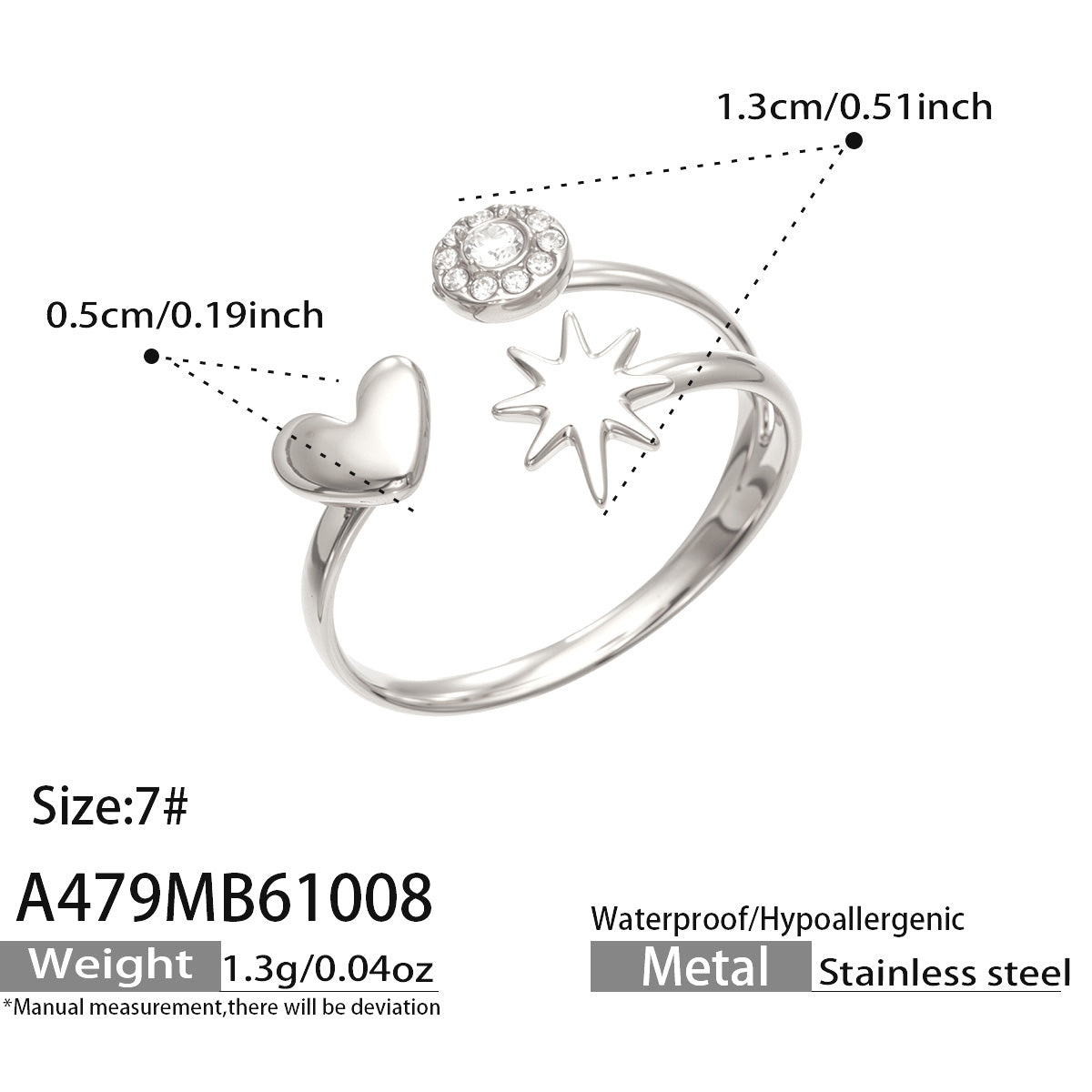 A479 steel-tone heart and star ring specification diagram showing size 7, decorative measurements and approximate weight 1.3 g