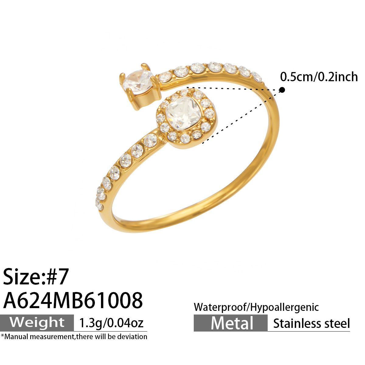 A624 gold-tone square halo open ring diagram showing size 7, a 0.5 cm detail and approximate weight 1.3 g