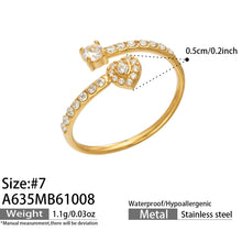 A635 gold-tone heart open ring diagram showing size 7, a 0.5 cm detail and approximate weight 1.1 g