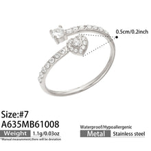 A635 steel-tone heart open ring diagram showing size 7, a 0.5 cm detail and approximate weight 1.1 g