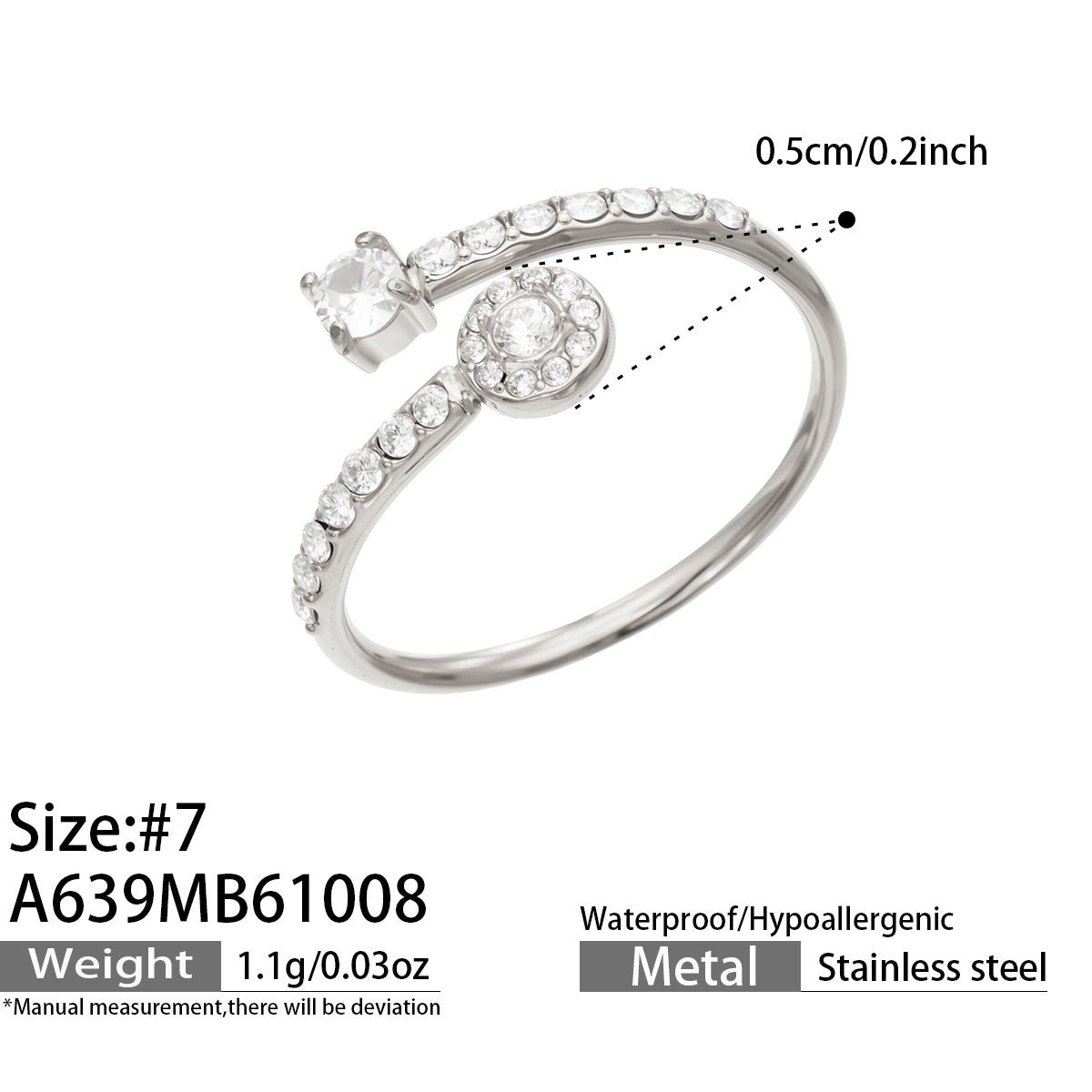 A639 steel-tone round-detail open ring diagram showing size 7, a 0.5 cm detail and approximate weight 1.1 g