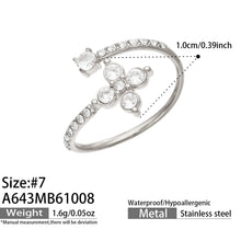 A643 steel-tone flower open ring diagram showing size 7, a 1 cm flower and approximate weight 1.6 g