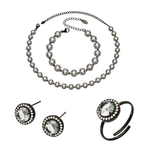 Stainless steel black zircon jewelry collection with necklace bracelet stud earrings and open ring