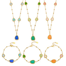 18K gold plated stainless steel cat eye necklace and bracelet collection in blue, green and orange