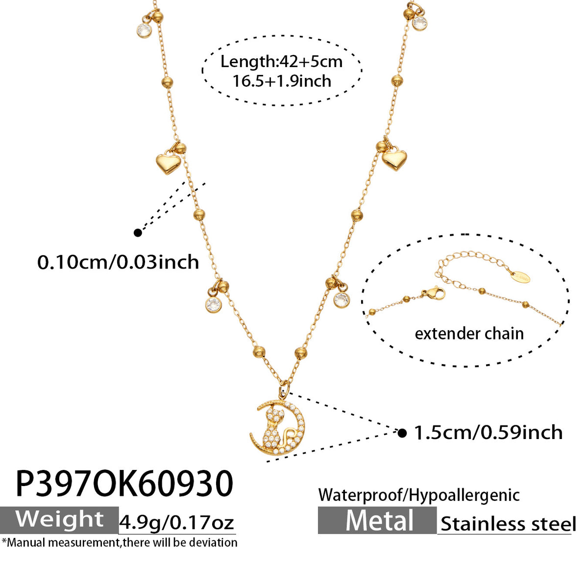 Size diagram of the P397 stainless steel cat moon necklace, showing a 42 cm chain, 5 cm extender and 1.5 cm pendant