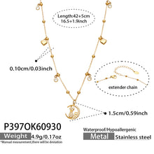 Size diagram of the P397 stainless steel cat moon necklace, showing a 42 cm chain, 5 cm extender and 1.5 cm pendant