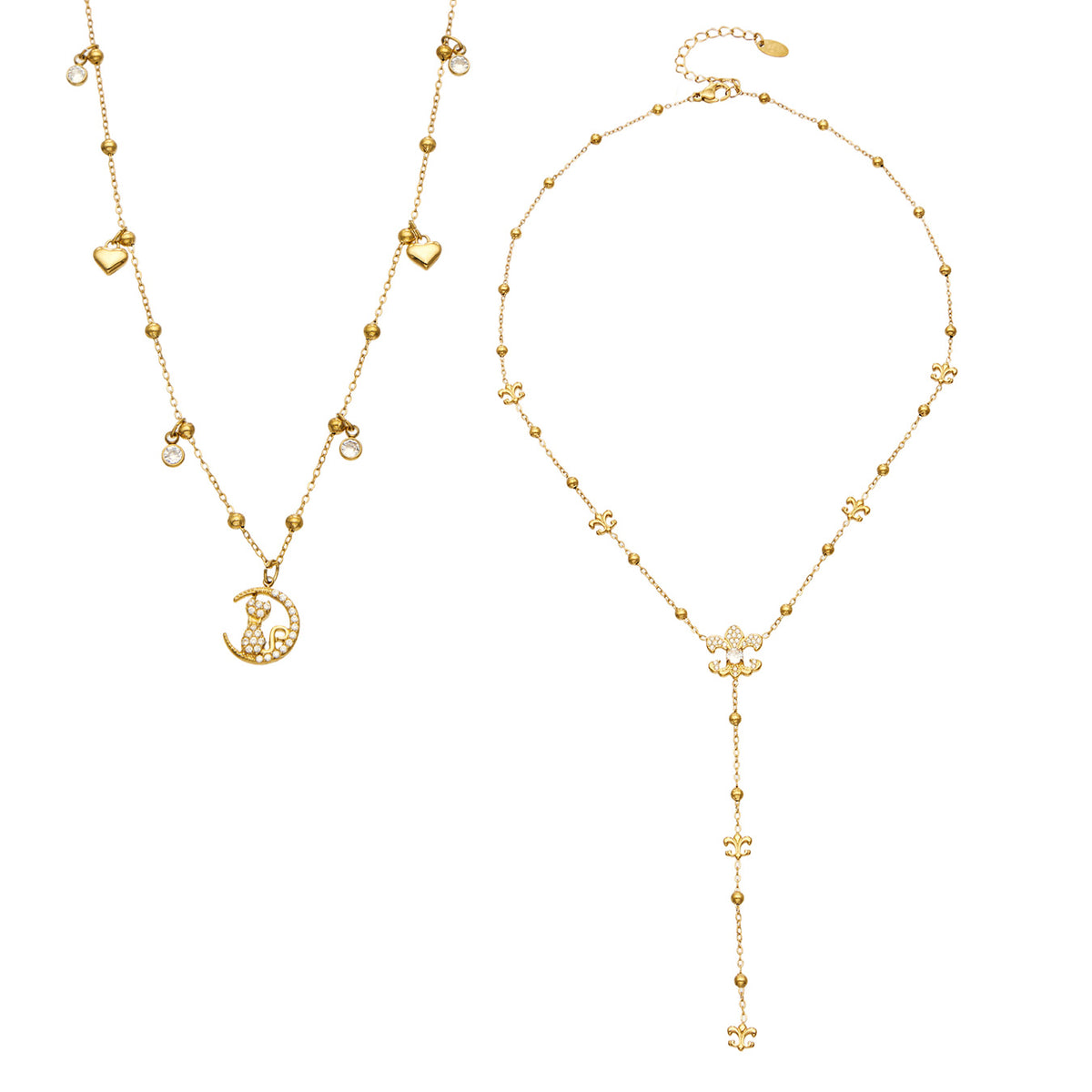 Gold-tone stainless steel cat moon pendant necklace beside an ornamental Y lariat necklace with beaded chain details
