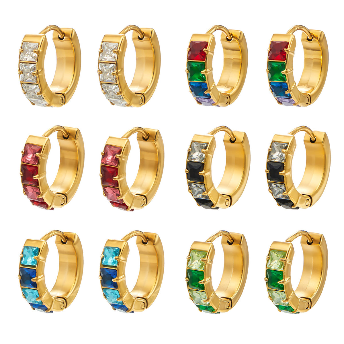 Stainless steel huggie hoop earrings with colorful cubic zirconia in assorted gold-tone variants