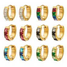 Stainless steel huggie hoop earrings with colorful cubic zirconia in assorted gold-tone variants